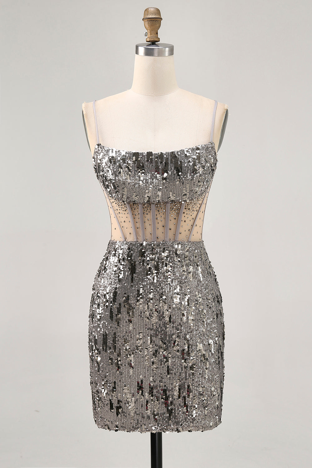 Sparkly Steel Grey Tight Sequin Short Corset Prom Dress