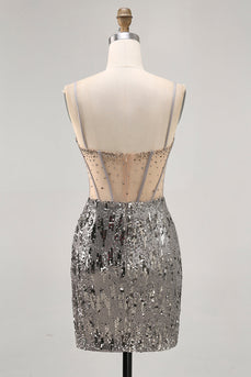 Sparkly Steel Grey Tight Sequin Short Corset Prom Dress