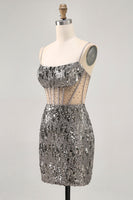 Load image into Gallery viewer, Sparkly Steel Grey Tight Sequin Short Corset Prom Dress
