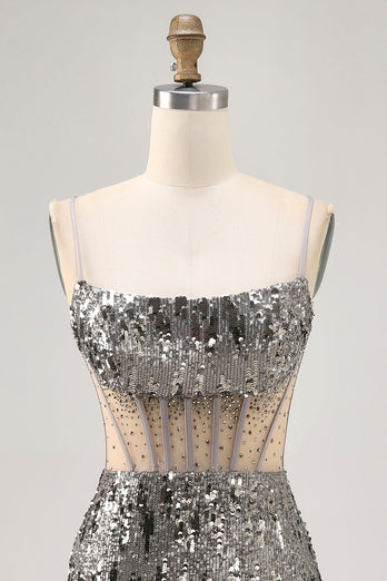 Sparkly Steel Grey Tight Sequin Short Corset Prom Dress