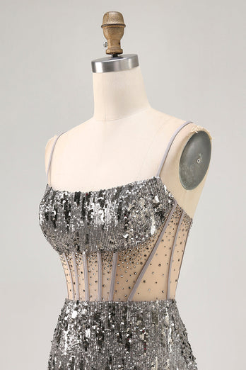 Sparkly Steel Grey Tight Sequin Short Corset Prom Dress
