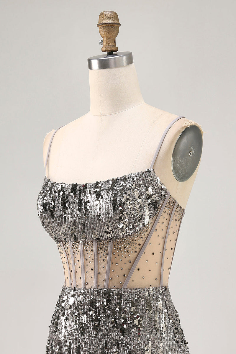 Load image into Gallery viewer, Sparkly Steel Grey Tight Sequin Short Corset Prom Dress