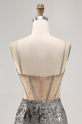 Sparkly Steel Grey Tight Sequin Short Corset Prom Dress