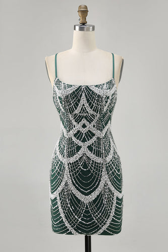 Sparkly Dark Green Tight Short Prom Dress with Beading