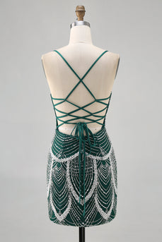 Sparkly Dark Green Tight Short Prom Dress with Beading