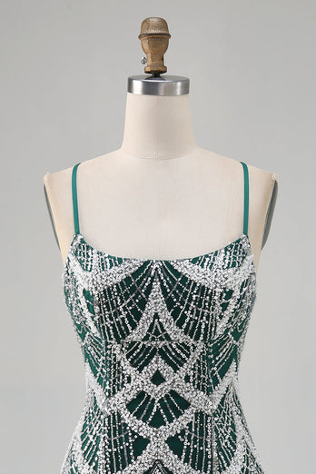 Sparkly Dark Green Tight Short Prom Dress with Beading
