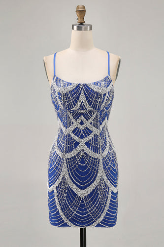 Sparkly Royal Blue Short Tight Prom Dress with Beading