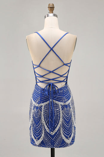 Sparkly Royal Blue Short Tight Prom Dress with Beading
