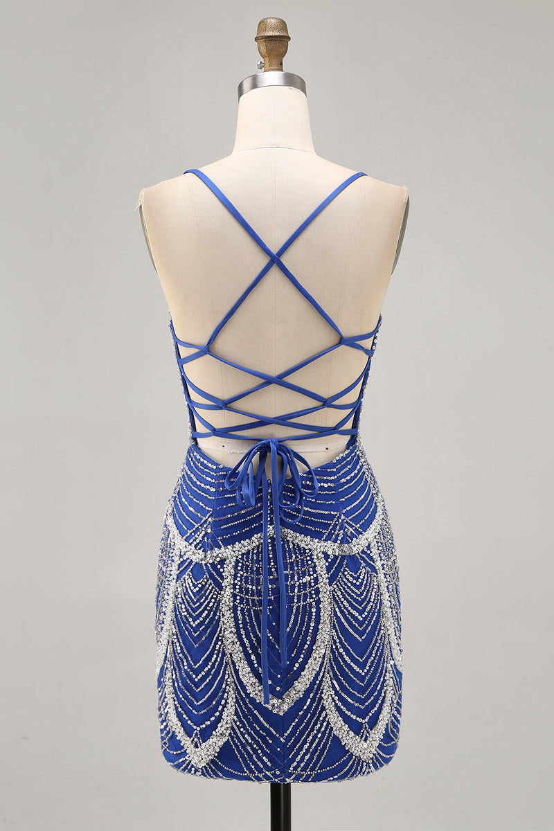 Load image into Gallery viewer, Sparkly Royal Blue Short Tight Prom Dress with Beading