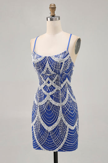 Sparkly Royal Blue Short Tight Prom Dress with Beading
