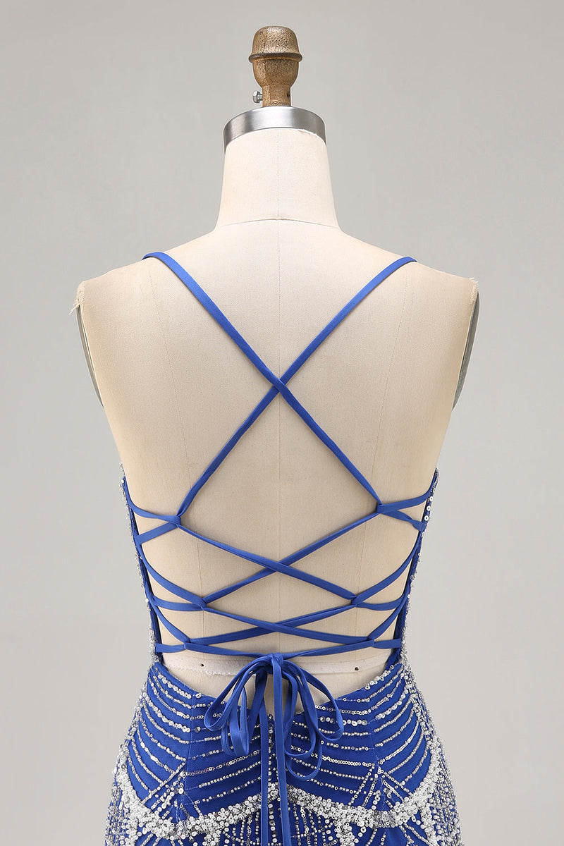 Load image into Gallery viewer, Sparkly Royal Blue Short Tight Prom Dress with Beading