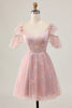 Load image into Gallery viewer, Sparkly Blush Cold Shoulder Floral Short Prom Dress with Ruffles