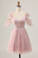 Load image into Gallery viewer, Sparkly Blush Cold Shoulder Floral Short Prom Dress with Ruffles