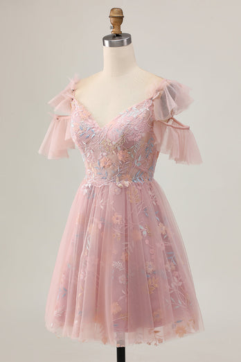Sparkly Blush Cold Shoulder Floral Short Prom Dress with Ruffles