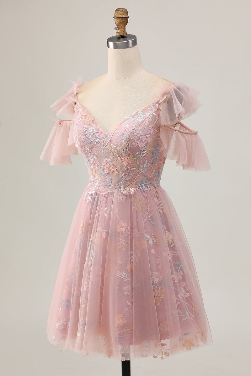 Load image into Gallery viewer, Sparkly Blush Cold Shoulder Floral Short Prom Dress with Ruffles