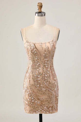 Sparkly Champagne Tight Floral Short Prom Dress with Beading