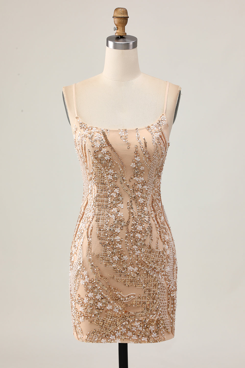 Sparkly Champagne Tight Floral Short Prom Dress with Beading
