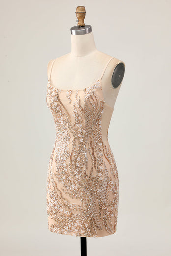 Sparkly Champagne Tight Floral Short Prom Dress with Beading