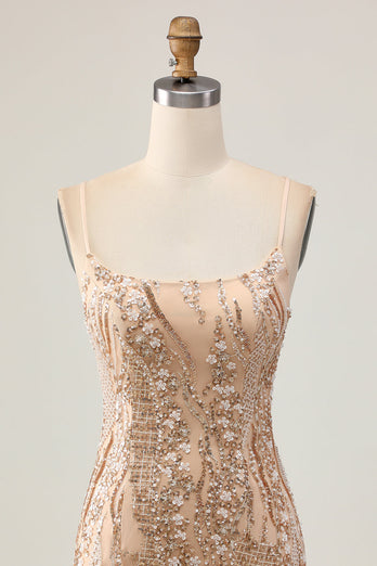 Sparkly Champagne Tight Floral Short Prom Dress with Beading