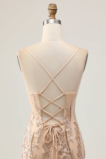 Sparkly Champagne Tight Floral Short Prom Dress with Beading
