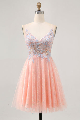 Sparkly Blush and Blue Short Appliqued Prom Dress with Sequins