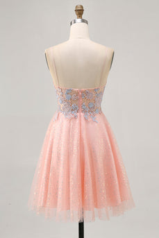 Sparkly Blush and Blue Short Appliqued Prom Dress with Sequins
