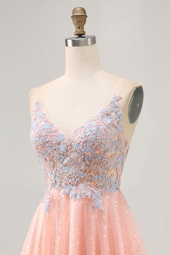 Sparkly Blush and Blue Short Appliqued Prom Dress with Sequins