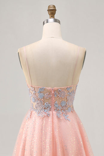 Sparkly Blush and Blue Short Appliqued Prom Dress with Sequins