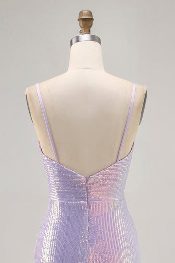 Sparkly Lilac Tight Sequin Backless Short Prom Dress