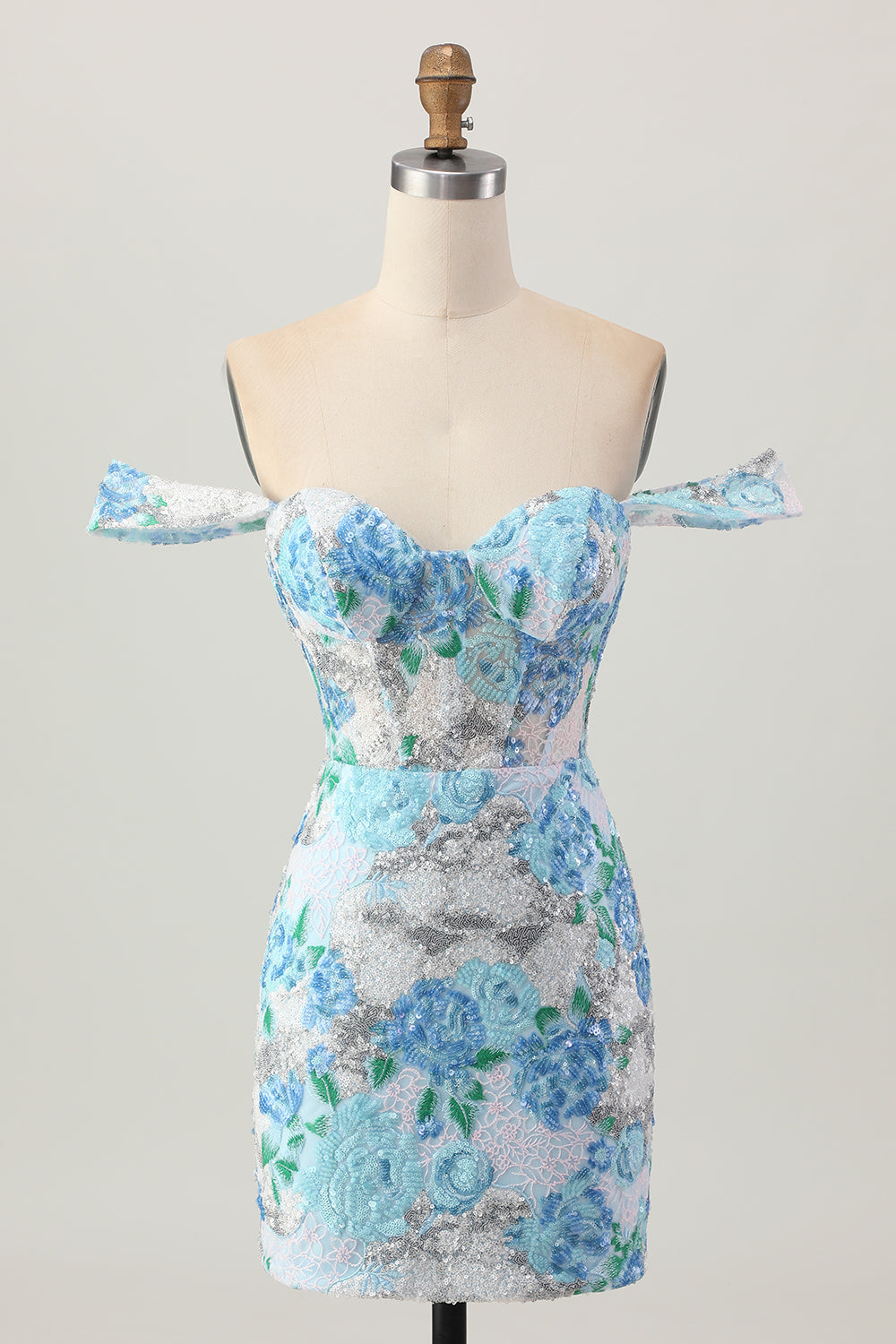Sparkly White Blue Floral Tight Short Prom Dress with Sequin