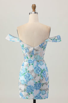 Sparkly White Blue Floral Tight Short Prom Dress with Sequin