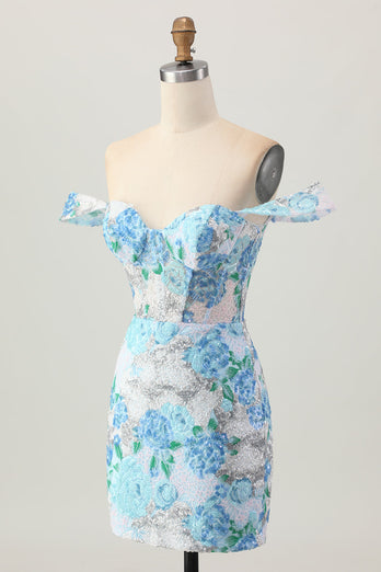 Sparkly White Blue Floral Tight Short Prom Dress with Sequin