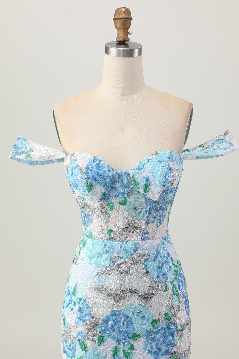 Load image into Gallery viewer, Sparkly White Blue Floral Tight Short Prom Dress with Sequin