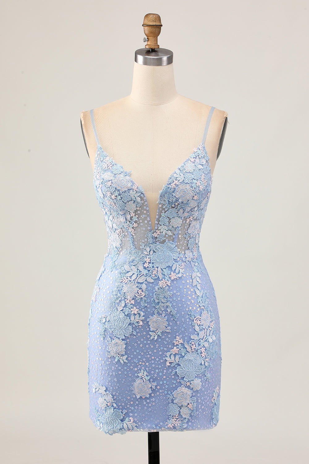 Sparkly Light Blue Tight Floral Short Corset Prom Dress with Appliques