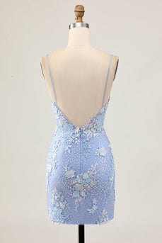 Sparkly Light Blue Tight Floral Short Corset Prom Dress with Appliques