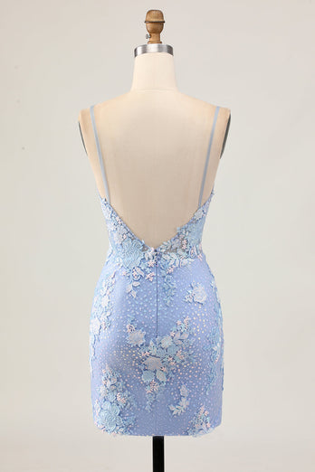 Sparkly Light Blue Tight Floral Short Corset Prom Dress with Appliques