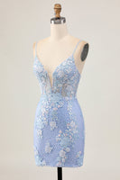 Load image into Gallery viewer, Sparkly Light Blue Tight Floral Short Corset Prom Dress with Appliques