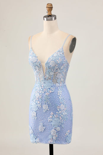 Sparkly Light Blue Tight Floral Short Corset Prom Dress with Appliques
