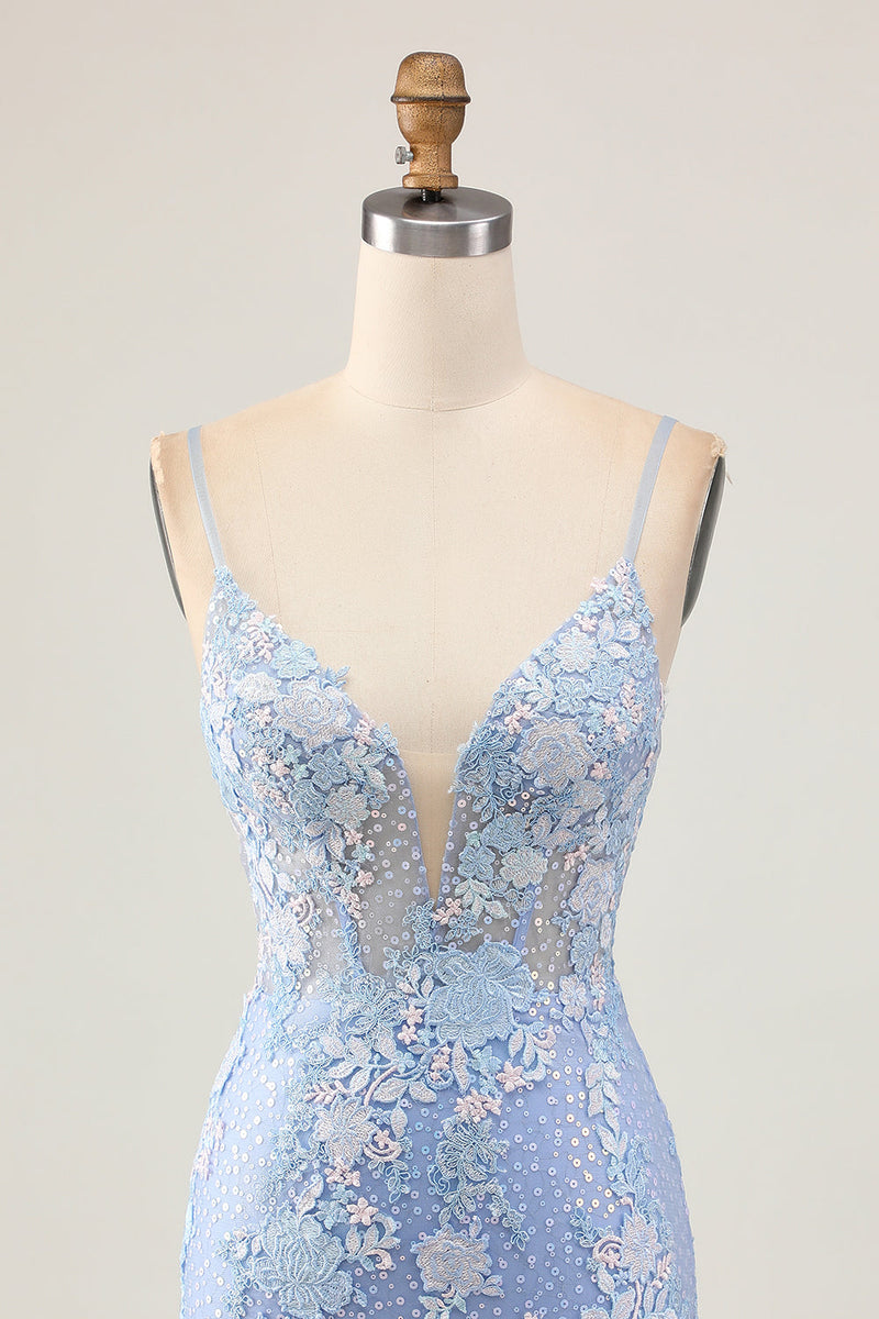 Load image into Gallery viewer, Sparkly Light Blue Tight Floral Short Corset Prom Dress with Appliques