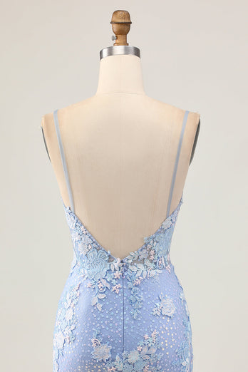 Sparkly Light Blue Tight Floral Short Corset Prom Dress with Appliques