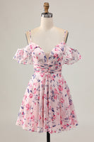 Load image into Gallery viewer, Pink Floral Ruched Chiffon Short Prom Dress with Ruffles