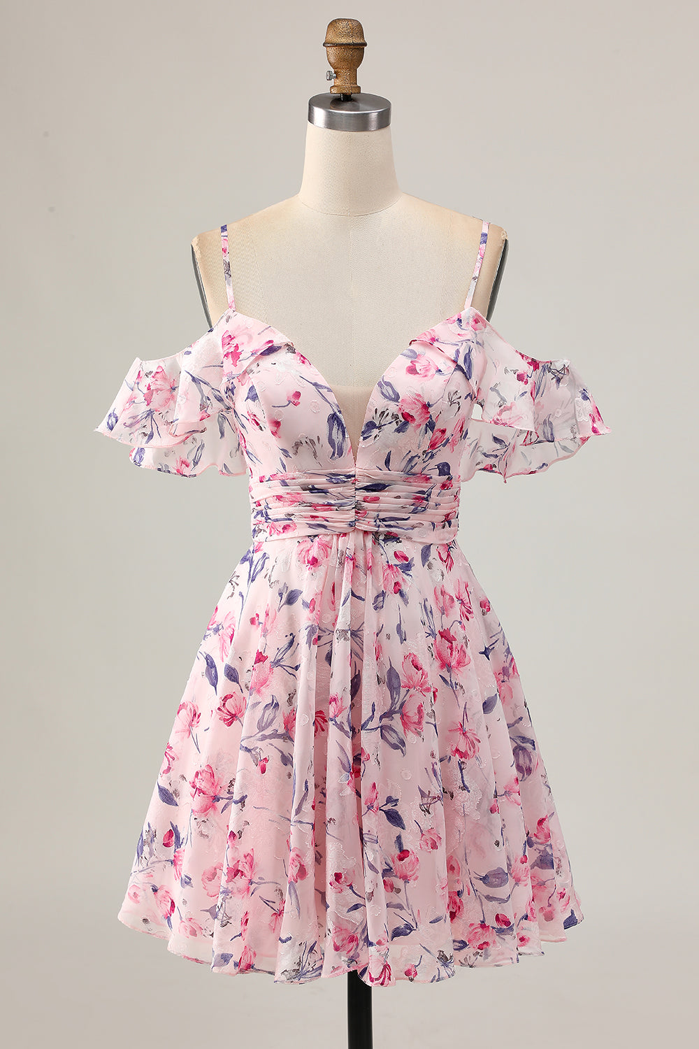 Pink Floral Ruched Chiffon Short Prom Dress with Ruffles