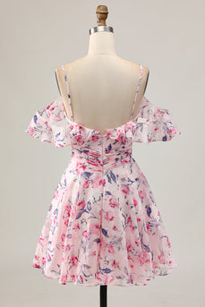 Pink Floral Ruched Chiffon Short Prom Dress with Ruffles