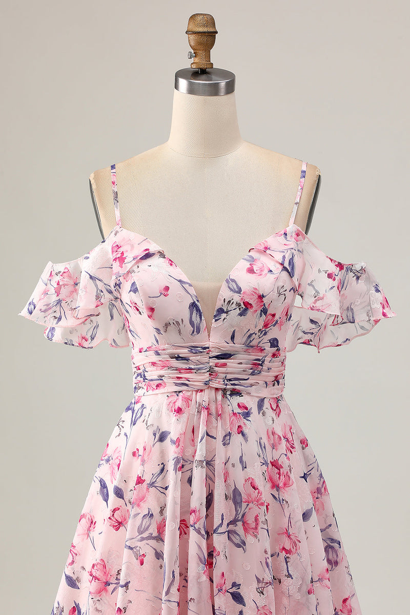 Load image into Gallery viewer, Pink Floral Ruched Chiffon Short Prom Dress with Ruffles