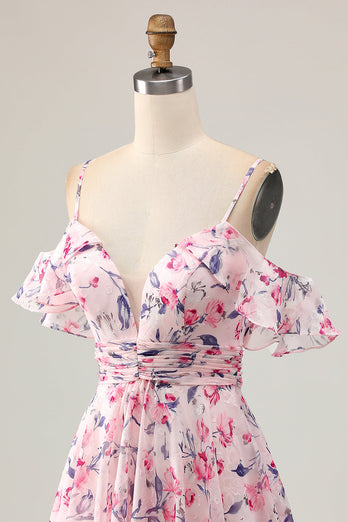 Pink Floral Ruched Chiffon Short Prom Dress with Ruffles