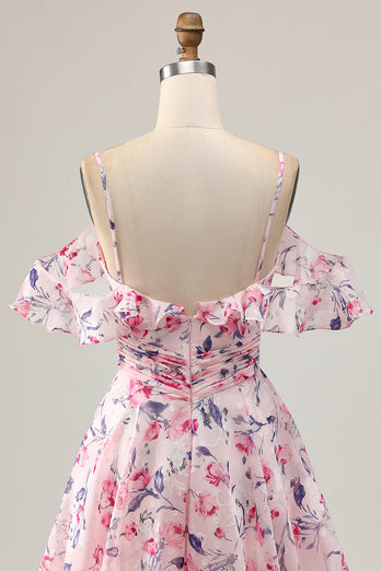 Pink Floral Ruched Chiffon Short Prom Dress with Ruffles