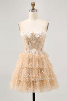 Load image into Gallery viewer, Sparkly Champagne Floral Corset Short Polka Dots Prom Dress