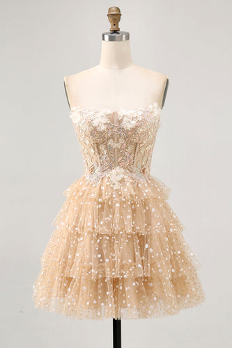 Sparkly Champagne Floral Corset Short Polka Dots Prom Dress