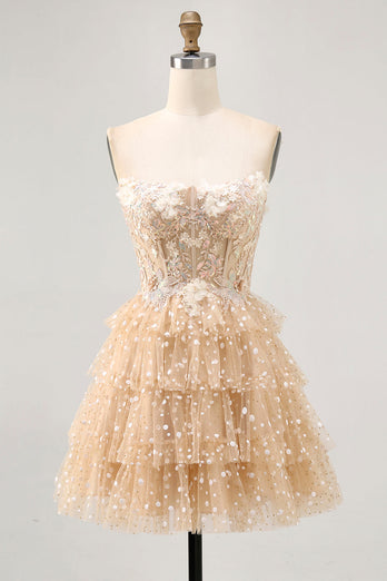 Sparkly Champagne Floral Corset Short Polka Dots Prom Dress