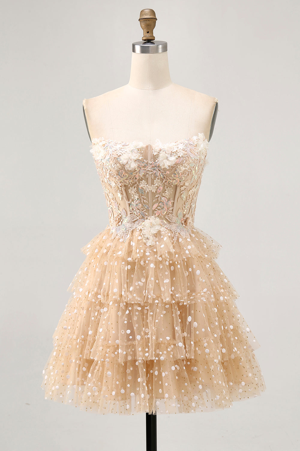 Sparkly Champagne Floral Corset Short Polka Dots Prom Dress